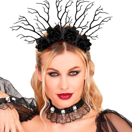FASCIA PER CAPELLI "RE OSCURO" CON RAMI E ROSE NERE