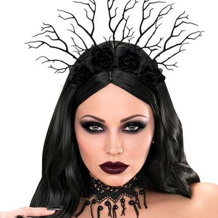 FASCIA PER CAPELLI "RE OSCURO" CON RAMI E ROSE NERE