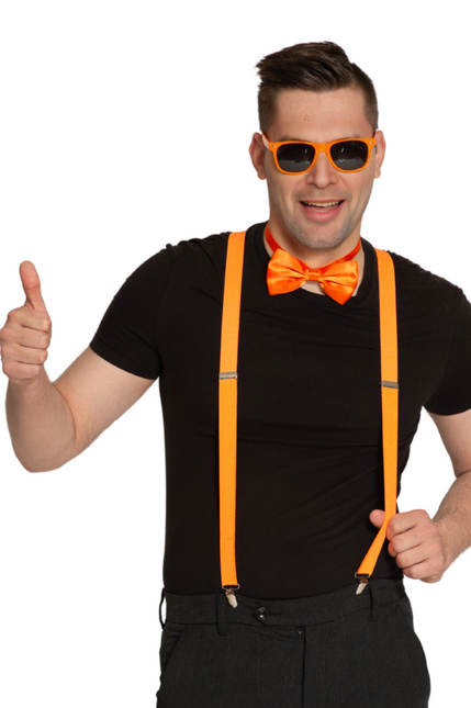 Set bretelle/occhiali/colpi di pistola arancione neon