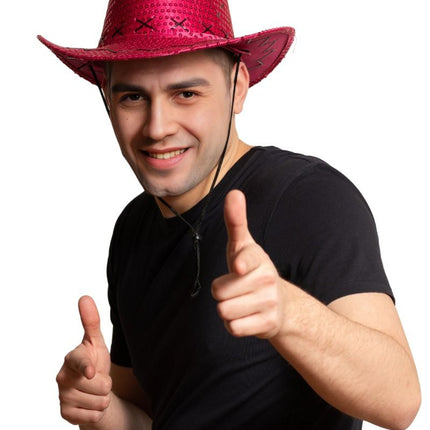 Cappello da cowboy con paillettes rosa neon - Confezione da 6 pezzi