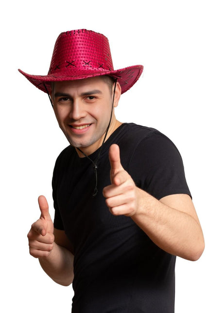 Cappello da cowboy con paillettes rosa neon - Confezione da 6 pezzi