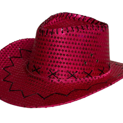 Cappello da cowboy con paillettes rosa neon - Confezione da 6 pezzi