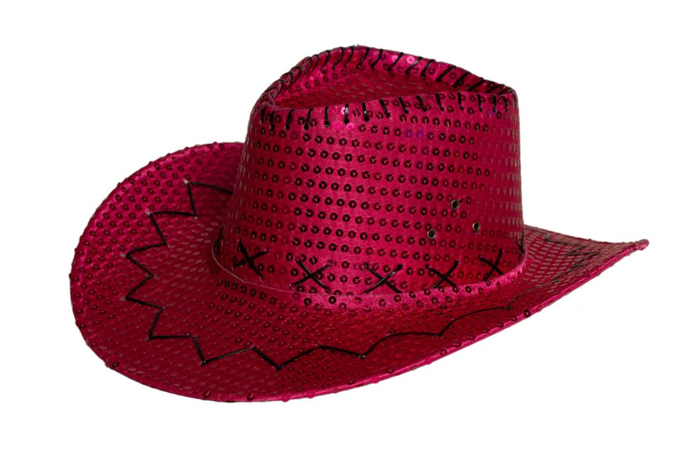 Cappello da cowboy con paillettes rosa neon - Confezione da 6 pezzi