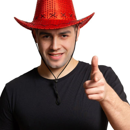 Cappello da cowboy con paillettes rosso - Confezione da 6