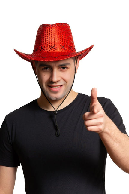 Cappello da cowboy con paillettes rosso - Confezione da 6