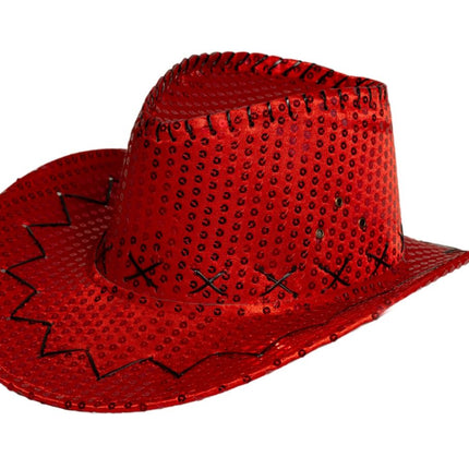Cappello da cowboy con paillettes rosso - Confezione da 6
