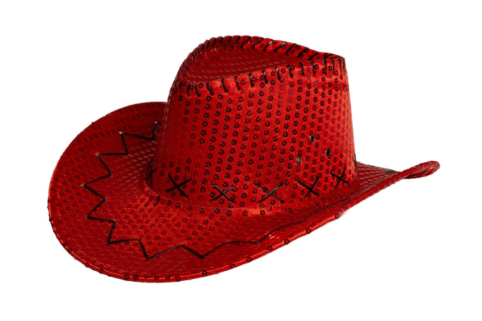 Cappello da cowboy con paillettes rosso - Confezione da 6