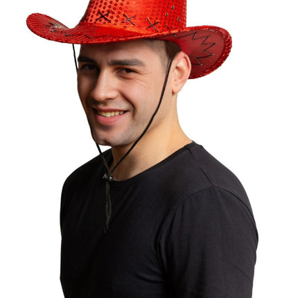 Cappello da cowboy con paillettes rosso - Confezione da 6