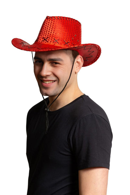 Cappello da cowboy con paillettes rosso - Confezione da 6