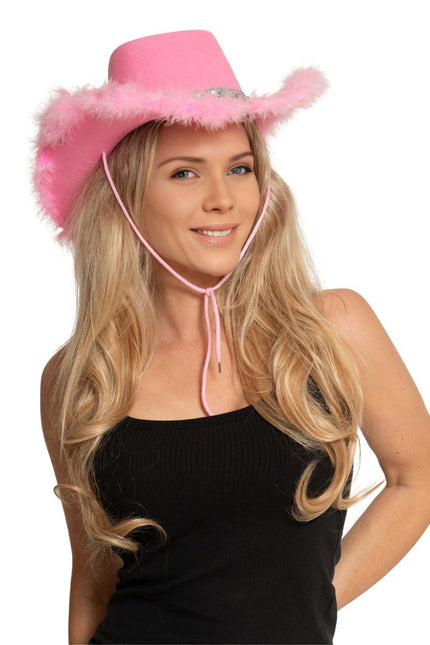 Cappello da cowboy glitterato con pelliccia rosa - Confezione da 6 pezzi