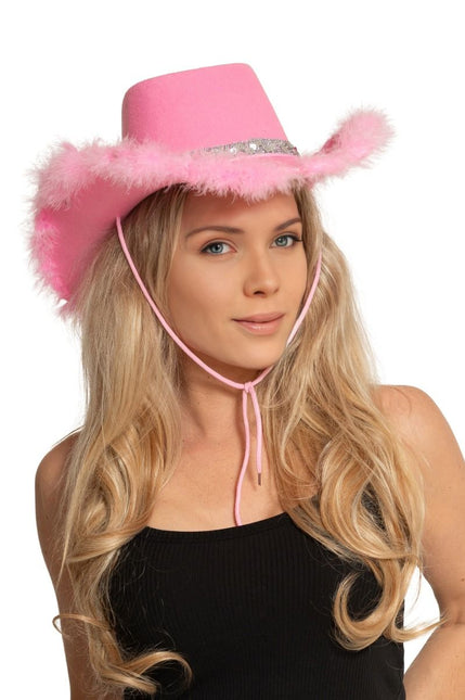 Cappello da cowboy glitterato con pelliccia rosa - Confezione da 6 pezzi