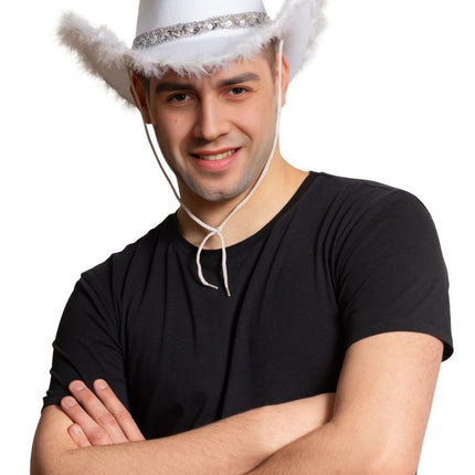 Cappello da cowboy glitterato con pelliccia bianca - Confezione da 6 pezzi