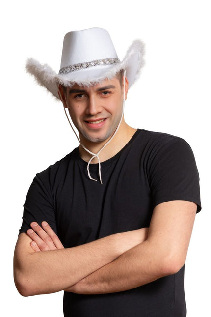 Cappello da cowboy glitterato con pelliccia bianca - Confezione da 6 pezzi