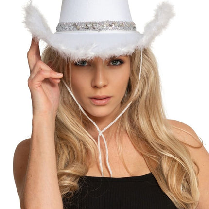 Cappello da cowboy glitterato con pelliccia bianca - Confezione da 6 pezzi