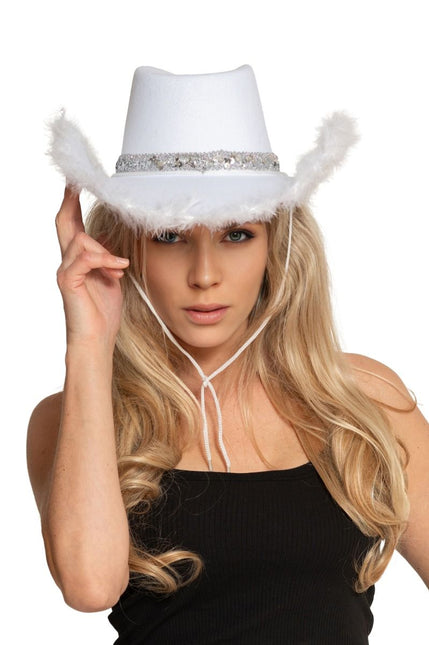 Cappello da cowboy glitterato con pelliccia bianca - Confezione da 6 pezzi