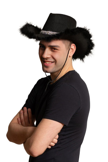 Cappello da cowboy glitterato con pelliccia nero - Confezione da 6 pezzi