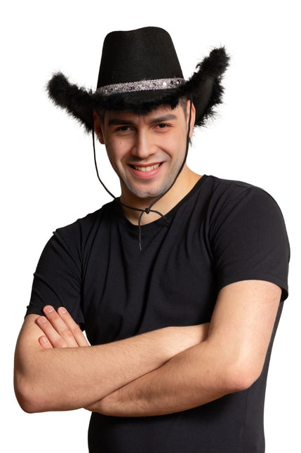 Cappello da cowboy glitterato con pelliccia nero - Confezione da 6 pezzi