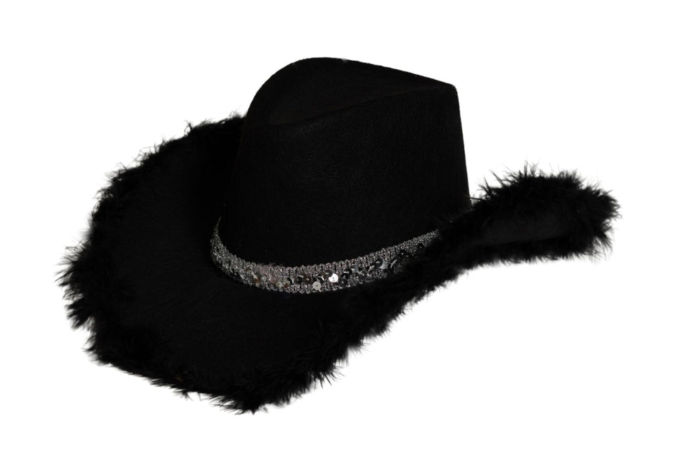 Cappello da cowboy glitterato con pelliccia nero - Confezione da 6 pezzi