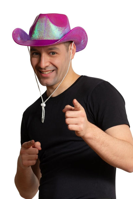 Cappello da cowboy rosa neon lucido - Confezione da 6 pezzi