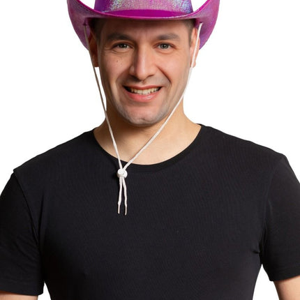 Cappello da cowboy rosa neon lucido - Confezione da 6 pezzi