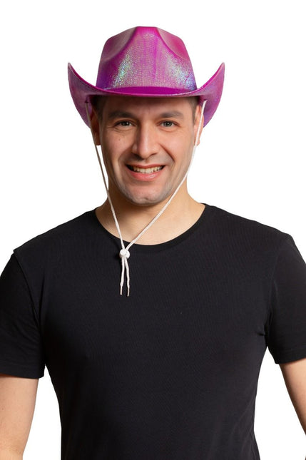 Cappello da cowboy rosa neon lucido - Confezione da 6 pezzi