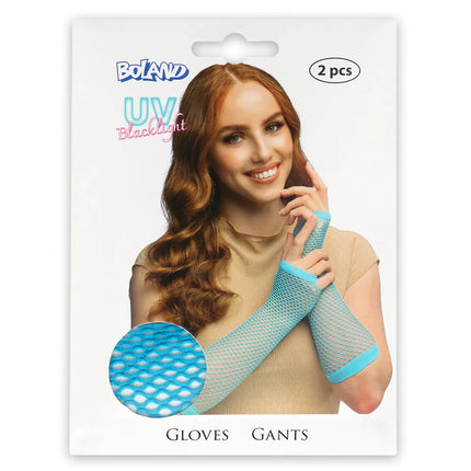 Coppia di guanti fino al gomito in rete blu neon
