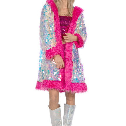 Giacca lunga di paillettes olografiche con pelliccia