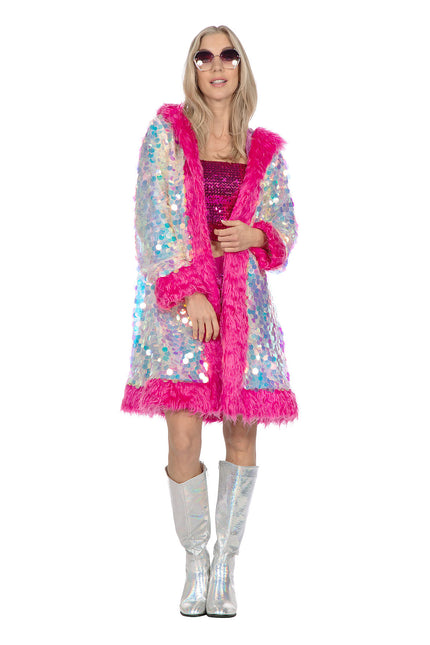 Giacca lunga di paillettes olografiche con pelliccia