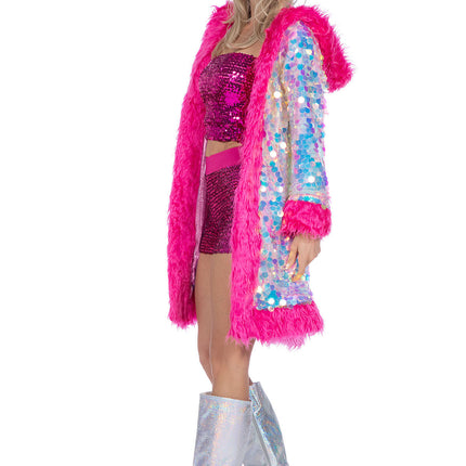 Giacca lunga di paillettes olografiche con pelliccia