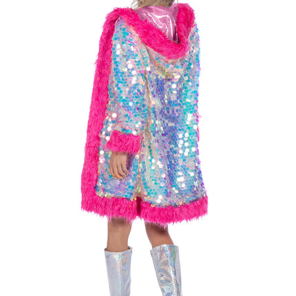 Giacca lunga di paillettes olografiche con pelliccia