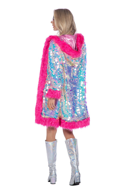 Giacca lunga di paillettes olografiche con pelliccia