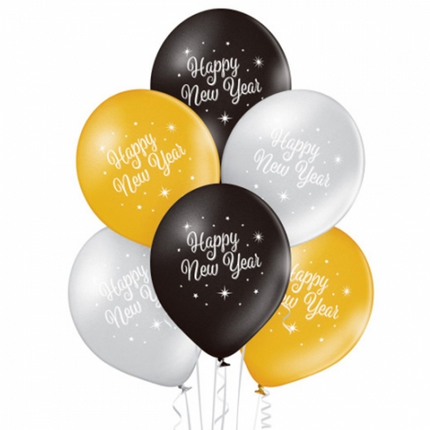 Palloncini "Buon Anno" nero, oro e argento, torta, 30 cm, 10 pezzi
