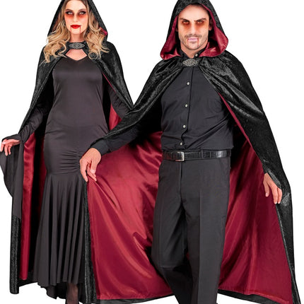 Capo con cappuccio in velluto nero rosso con fodera interna rossa 140cm