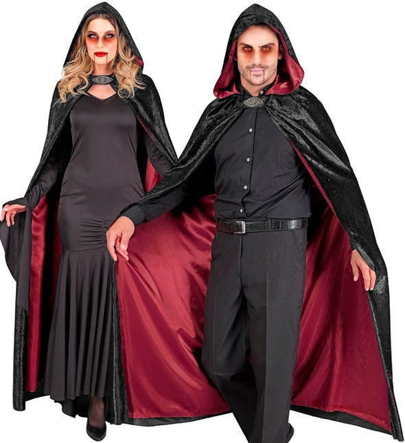 Capo con cappuccio in velluto nero rosso con fodera interna rossa 140cm