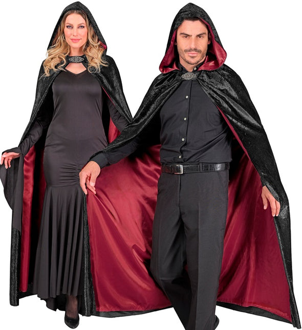 Capo con cappuccio in velluto nero rosso con fodera interna rossa 140cm