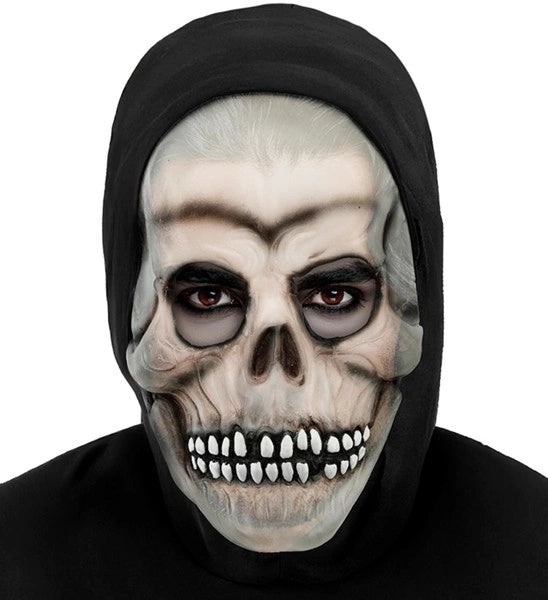 Maschera da Halloween a forma di teschio con cappuccio, che si illumina al buio
