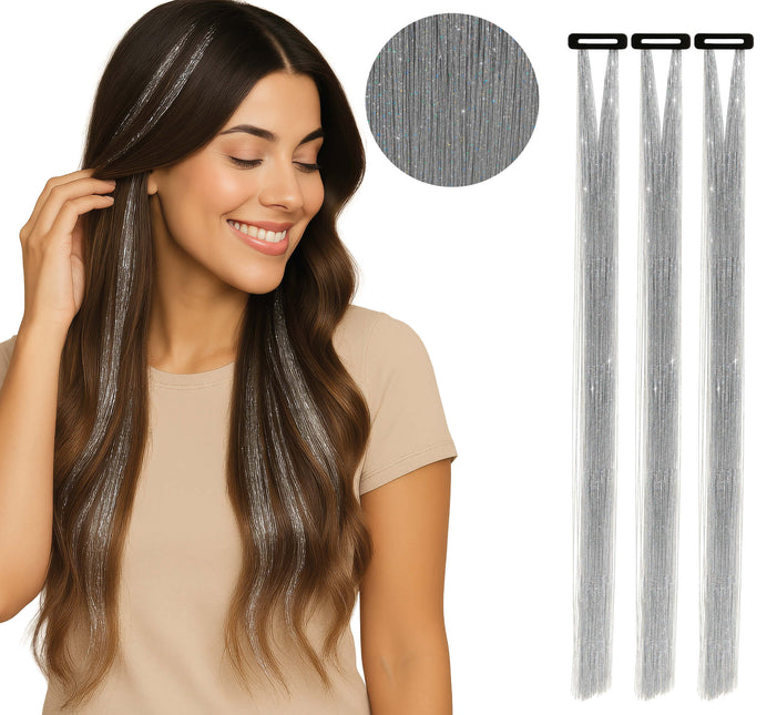 Extension per capelli argento glitterate 50 cm 3 pezzi
