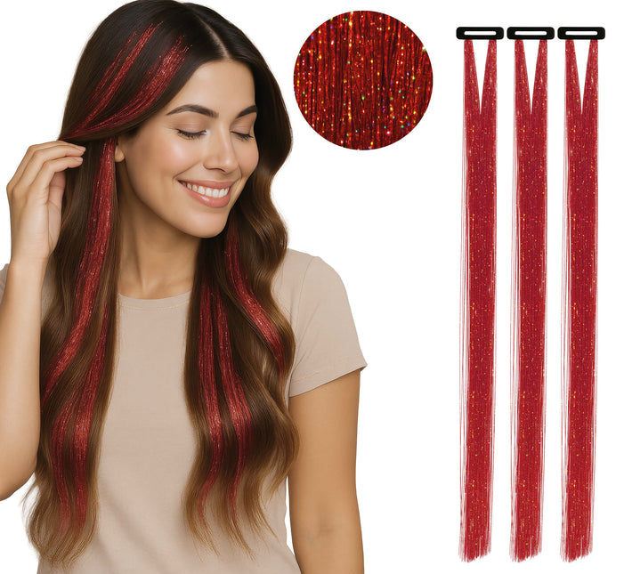 Estensione per capelli rossa glitterata 50 cm 3 pezzi
