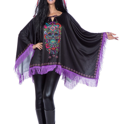 Poncho Dia De Los Muertos Nero Viola