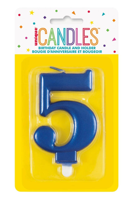 5 Jaar Kaars Blauw 12cm van Unique koop je bij Partywinkel