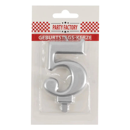 5 Jaar Kaars Zilver Metellic 7cm van VDV Benefit koop je bij Partywinkel