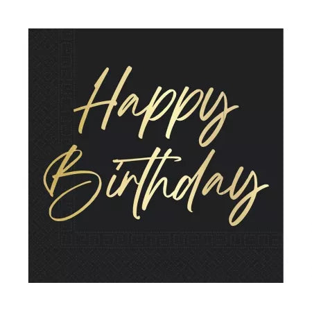 Tovaglioli di Buon Compleanno Oro Nero 2 Strati 33cm 20pz