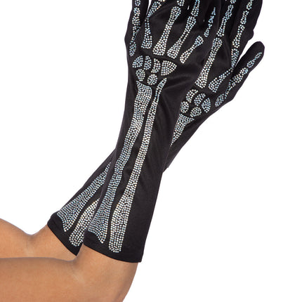 Guanti Skeleton Nero Argento Strass