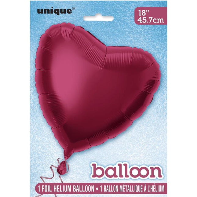 Palloncino in foil con cuore solido 18", confezionato - Borgogna