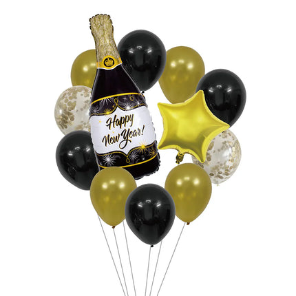 Set di palloncini "Happy New Year" (2 palloncini in foil, 10 palloncini in lattice, cannuccia e nastro da 10 m)