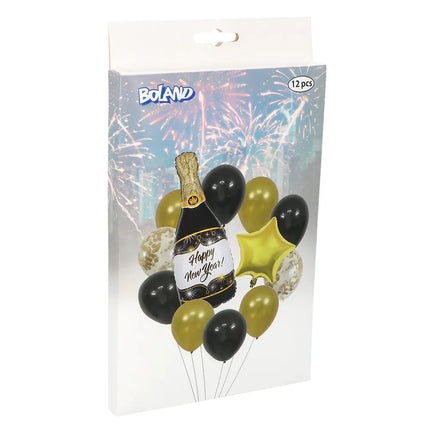 Set di palloncini "Happy New Year" (2 palloncini in foil, 10 palloncini in lattice, cannuccia e nastro da 10 m)