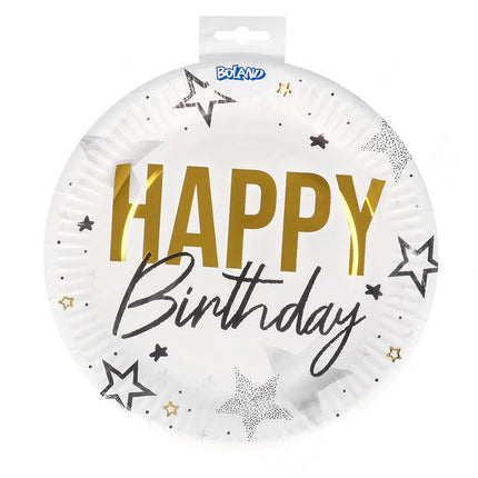 Set di 8 piattini di carta "Happy birthday" (Ø 23 cm)