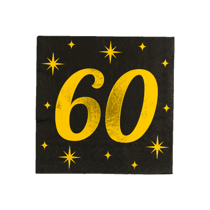 60 Jaar Servetten Zwart Goud 19cm 16st - Partywinkel - 8716764238260