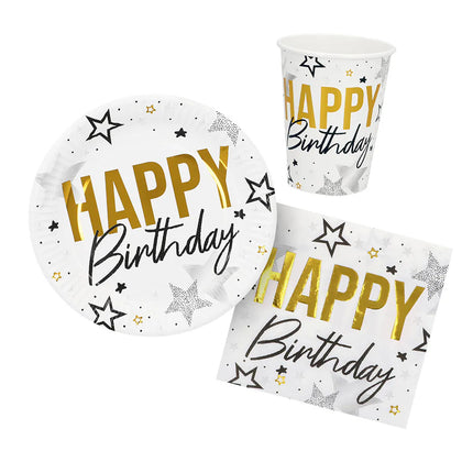 Set da tavola "Happy birthday" (6 piattini, 6 bicchierini, 12 tovaglioli)