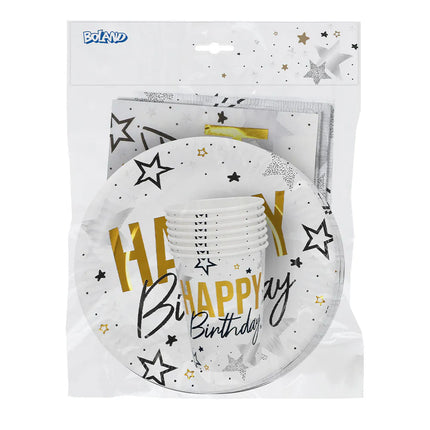 Set da tavola "Happy birthday" (6 piattini, 6 bicchierini, 12 tovaglioli)